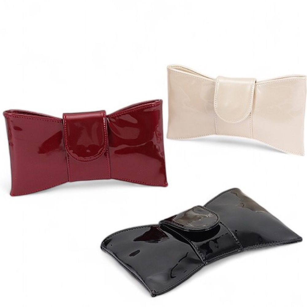Vegan Patent Leather Bow Shaped Clutch Bag in Burgundy, Cream, and Black